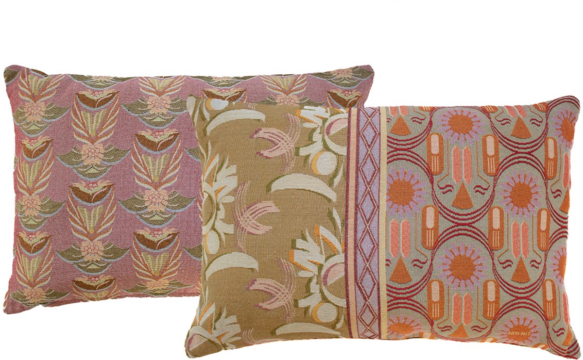 NIN-NIT - Nouveau de Fleurs kussen - 100% geweven katoen - sierkussen met bloemen - bladeren natuur print - roze - beige - lila - groen - grijs - oranje - bruin - multicolor - 40x60 cm