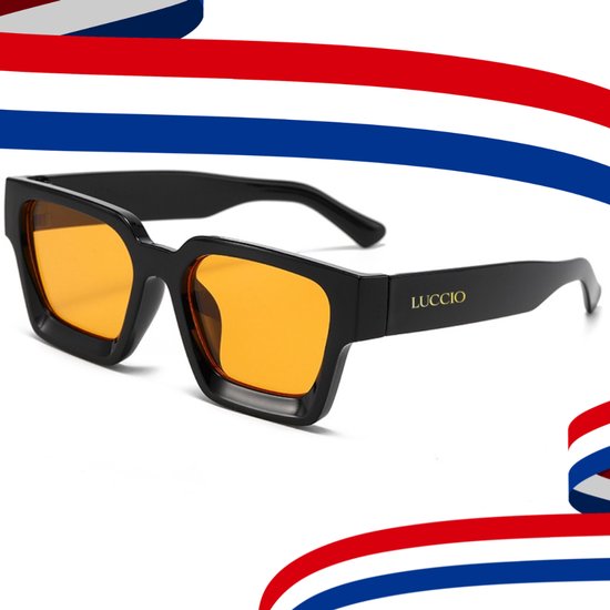 LUCCIO - Koningsdag bril - Oranje bril - Koningsdag accessoires - Luxueuze Trendy Vierkante Zonnebril - Zwart - Unisex - UV400 - Oranje Glazen - Koningsdag - Kingsday