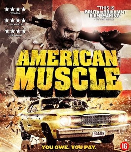 Poster met een man met een geweer over zijn schouder en een gele muscle car. Tekst: 'AMERICAN MUSCLE'.