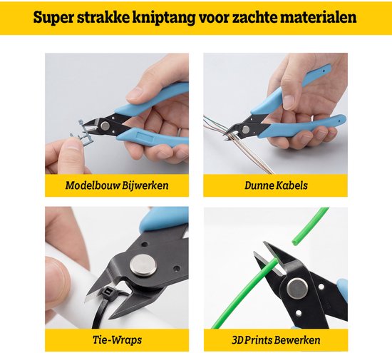 Vier afbeeldingen van de tang in gebruik: modelbouw, dunne kabels, tie-wraps en 3D-prints.