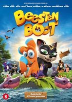 Beestenboot met animatiepersonages, waaronder een oranje eekhoorn en een zwarte kat, met de tekst "Beestenboot" en "Nederlands & Vlaams gesproken".