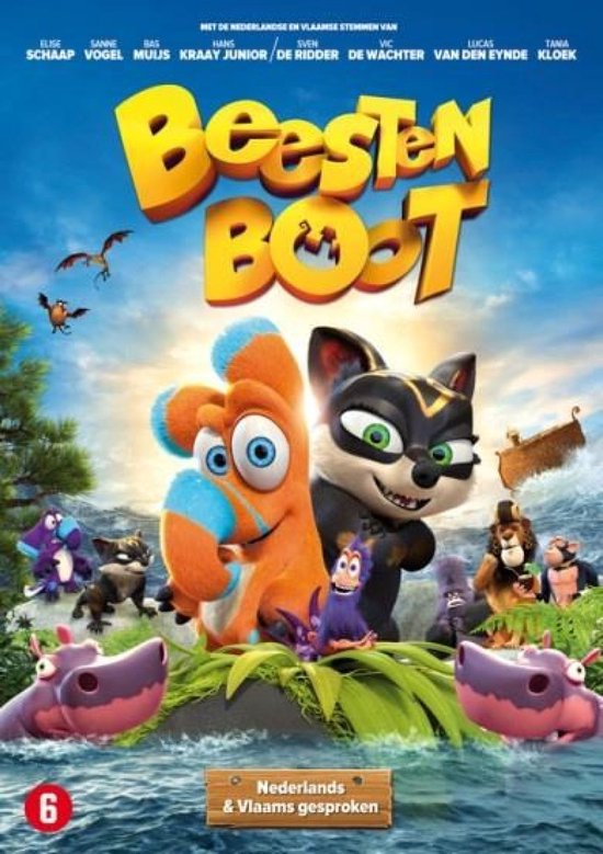 Beestenboot met animatiepersonages, waaronder een oranje eekhoorn en een zwarte kat, met de tekst "Beestenboot" en "Nederlands & Vlaams gesproken".