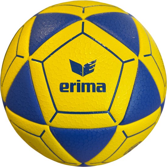 Erima Equal Pro korfbal, geel met blauwe patronen en het Erima logo centraal. Tekst: Erima.