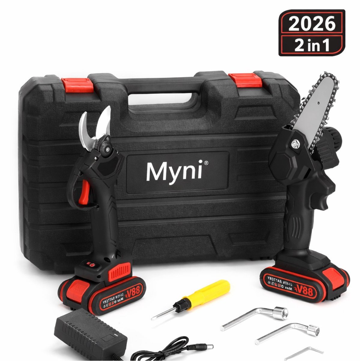 10-Delige Elektrische Snoeischaar & Mini Kettingzaag Set - Heggenschaar - Heggenschaar Accu - Takkenschaar - Accu Snoeischaar - Inclusief: 2x Accu / Acculader / Opbergkoffer & Accessoires