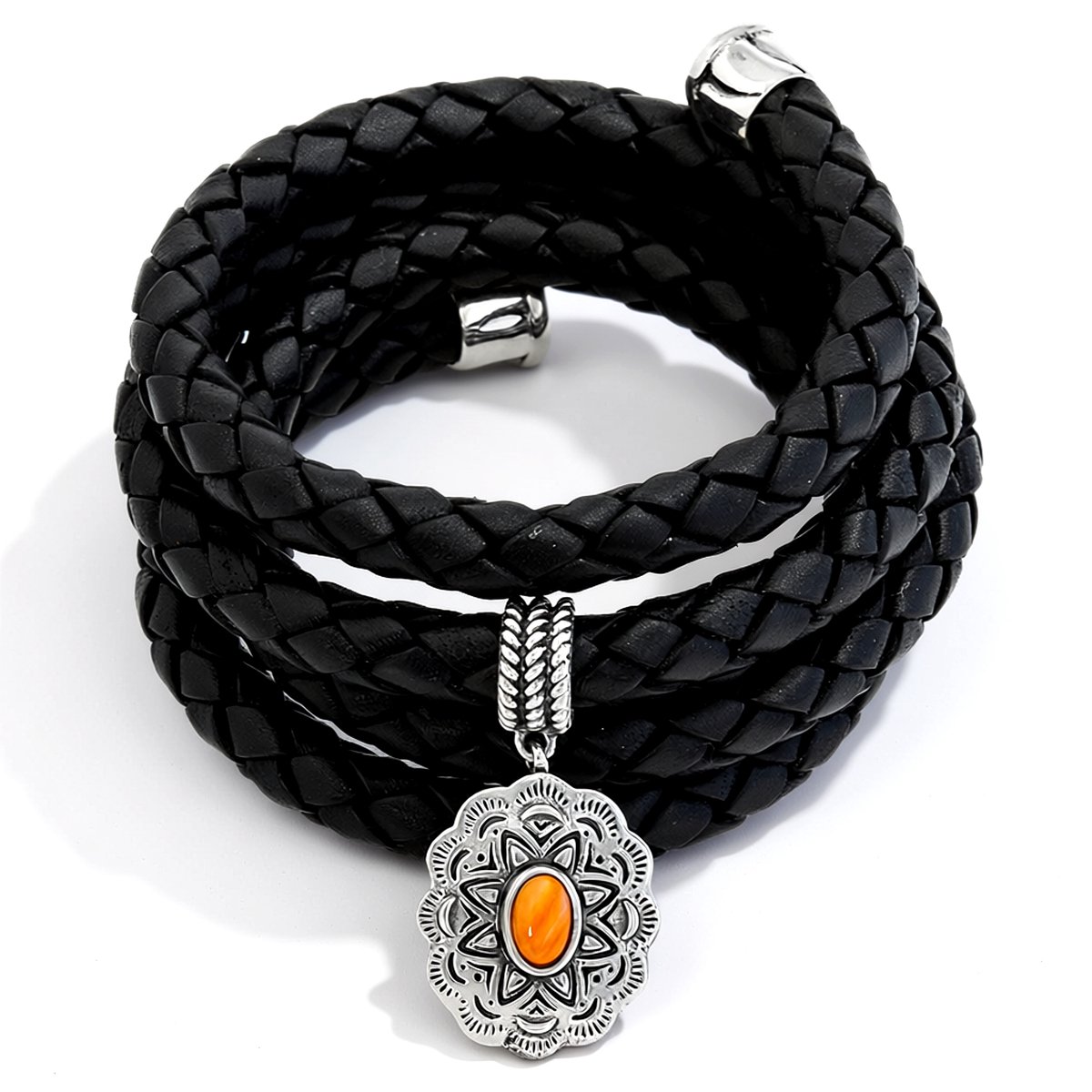 Cavill - Zilveren Boho Wikkelarmband - 925 Sterling Zilver - Oranje Stekelige Oester 0 45 ct Oval Cabochon - Luxe Zwarte Leesieraden 61 cm