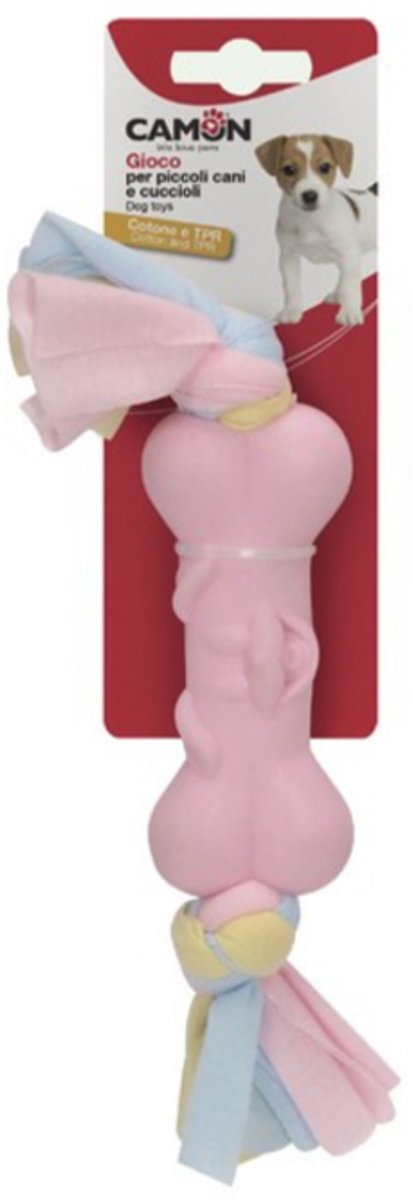 Camon - puppy toy - puppy speeltje - TPR been met katoen lintjes - baby-roze - been 12 cm - totaal 20 cm - drijvend - tandverzorgend - speciaal voor de tandjes van uw puppy
