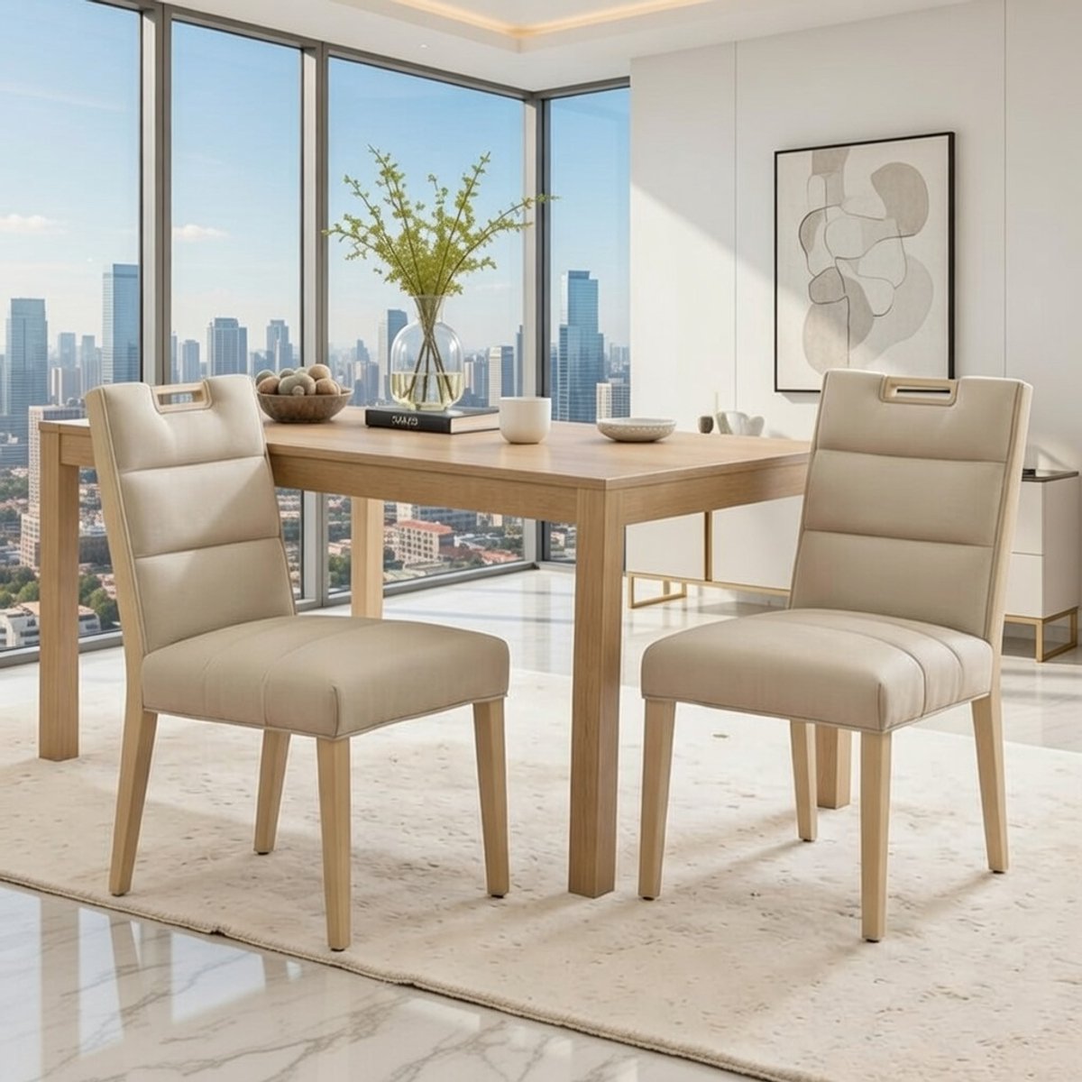 Luxe Chenille Eetkamerstoelen Beige Set van 2 met Houten Poten en Handgreep – Moderne Comfortabele Gestoffeerde Stoelen voor Eetkamer, Keuken, Restaurant | Casa Serena – Afmetingen op aanvraag – Ca...