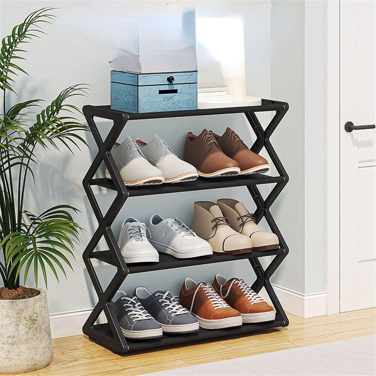 Schoenenrek met 4 lagen, vrijstaand schoenenrek, schoenenopbergrek voor de hal met stalen buizen en een vast frame, voor handige schoenenorganisatie, schoenenkast (zwart)