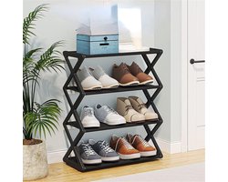 Schoenenrek met 4 lagen, vrijstaand schoenenrek, schoenenopbergrek voor de hal met stalen buizen en een vast frame, voor handige schoenenorganisatie, schoenenkast (zwart)