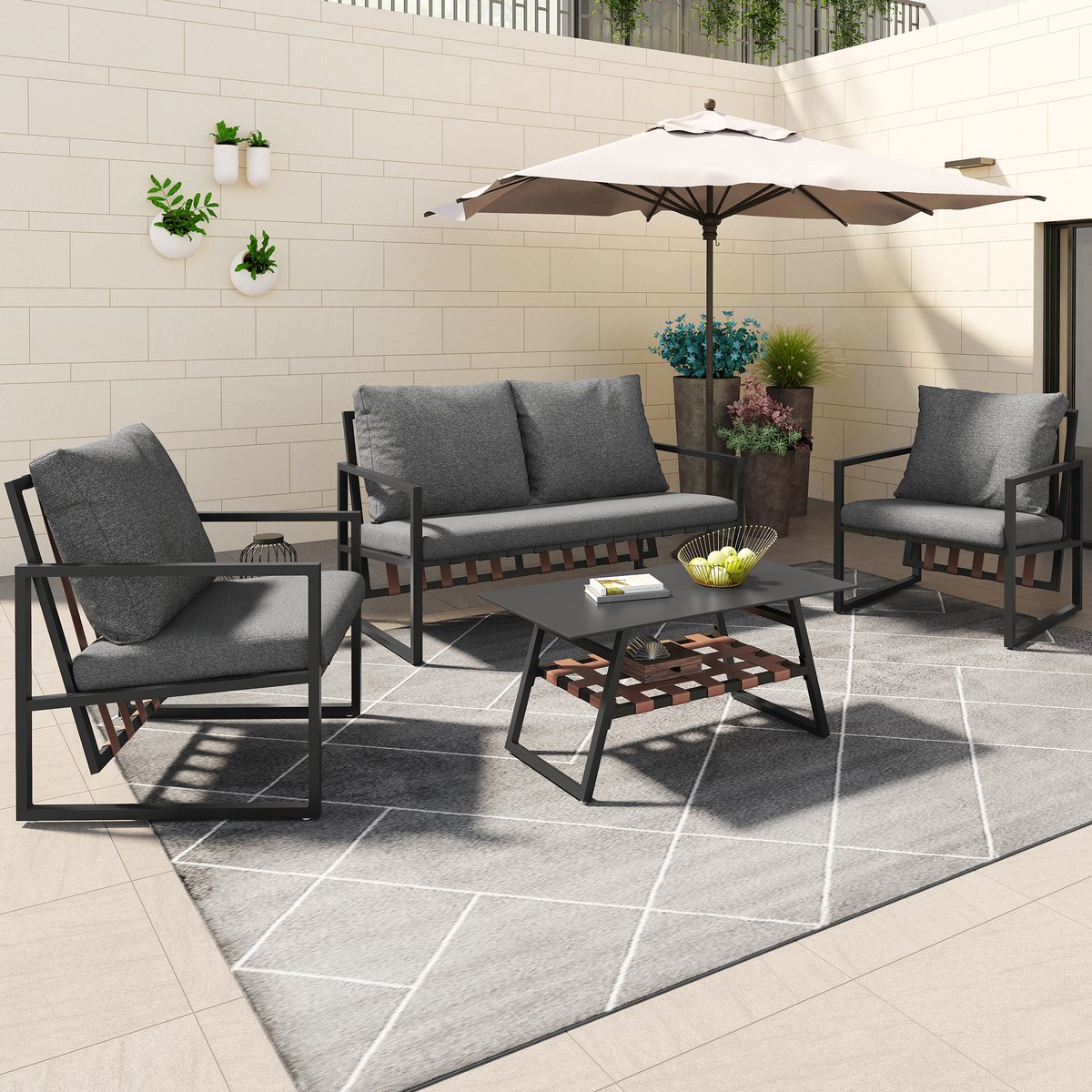 Wishdor 4-Delige Tuin Loungeset - Voor 4 Personen - Salontafel met Gehard Glas - Retro PVC-Straps - Zwart & Grijs