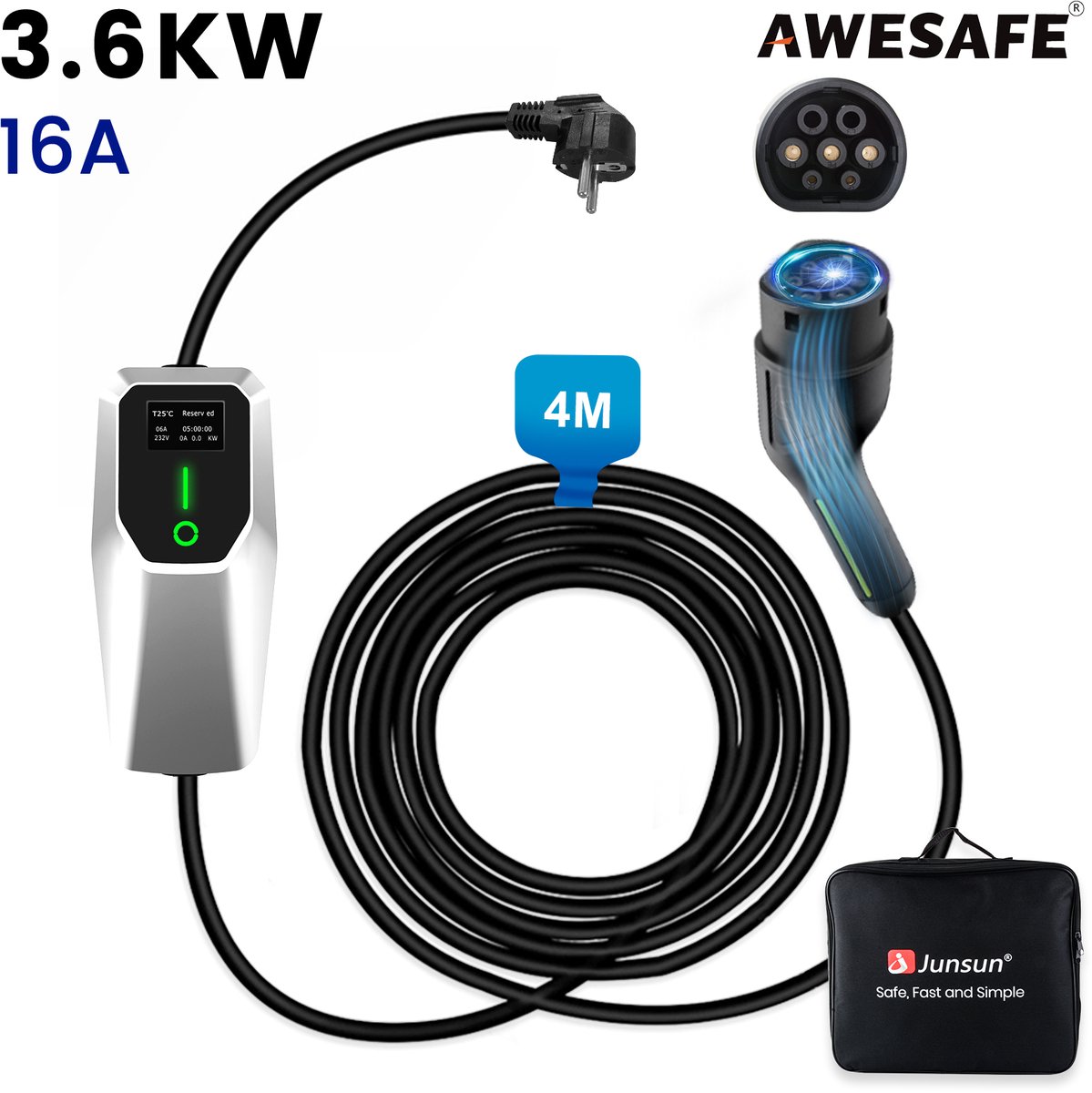 Awesafe Laadkabel Auto - Mobiele Thuislader EV-Lader Type 2 - Geschikt Voor Elektrische Auto - 3.5 kW - Waterdicht - 4M - 6A/8A/10A/13A/16A Schakelbaar - Met handtas - Wit