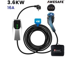 Awesafe Laadkabel Auto - Mobiele Thuislader EV-Lader Type 2 - Geschikt Voor Elektrische Auto - 3.5 kW - Waterdicht - 4M - 6A/8A/10A/13A/16A Schakelbaar - Met handtas - Wit