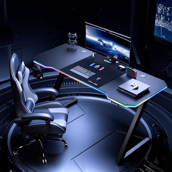 Gamingtafel en bureau 120 x 60 cm met koolstofvezeloppervlak en hoofdtelefoonhaak, zwart — afbeelding 2
