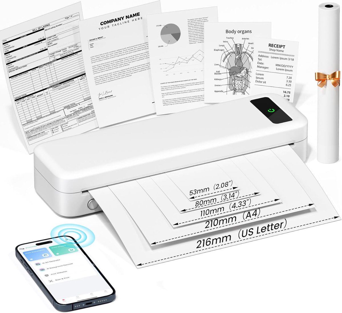 Draagbare thermische printer - Bluetooth draadloze mini-printer voor thuis en onderweg, geschikt voor A4 en US Letter