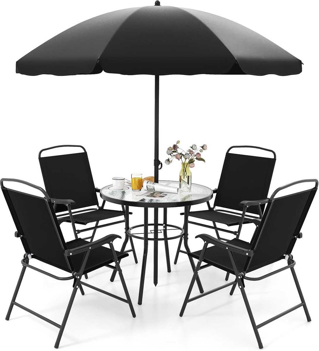 KOMFOTTEU Bistroset, 6-delige tuinset met parasol, tafel en 4 klapstoelen, set van tafel en stoelen, voor buiten, terrasset, zwembadrand, zwart