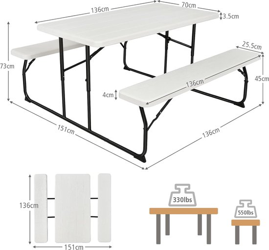 KOMFOTTEU Campingtafel met stoelen, inklapbaar, biertentgarnituur, 3-delig met 1 biertafel en 2 bierbanken, picknicktafel, opvouwbaar en ruimtebesparend, campingset, tuingarnituur, draagbaar, voor van komfotteu — afbeelding 2