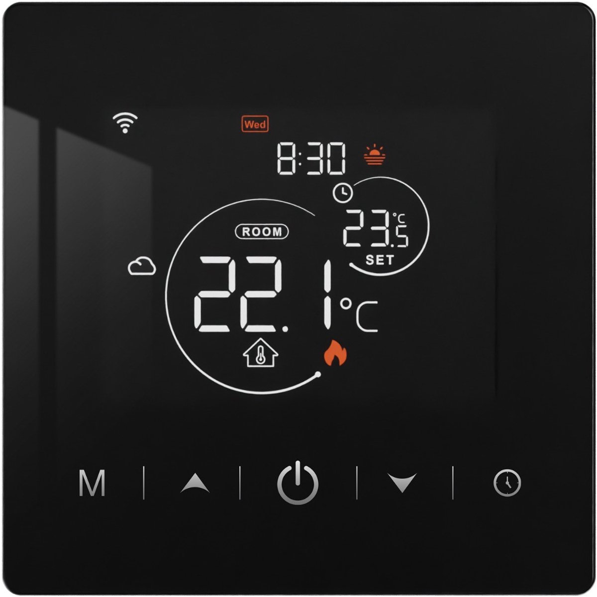 Wifi opbouw thermostaat | 2-draads aansluiting | Touchscreen bediening | Opbouw montage | Temperatuurregeling 0-40°C | Tuya app | Spraakbesturing | Zwart thumbnail 5