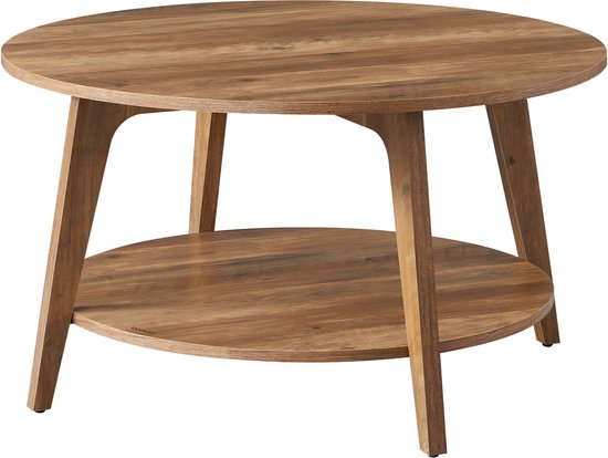Een ronde houten salontafel met twee lagen en een natuurlijke houtnerf.