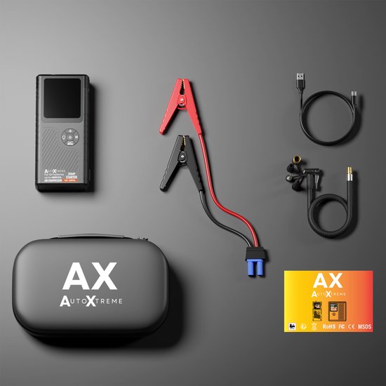 AutoXtreme 12V Jumpstarter met Compressor voor Auto – 480CCA - Boost Air Micro – Starthulp met Forcestart, Powerbank & LED-scherm – Incl. Zaklamp & Opbergkoffer