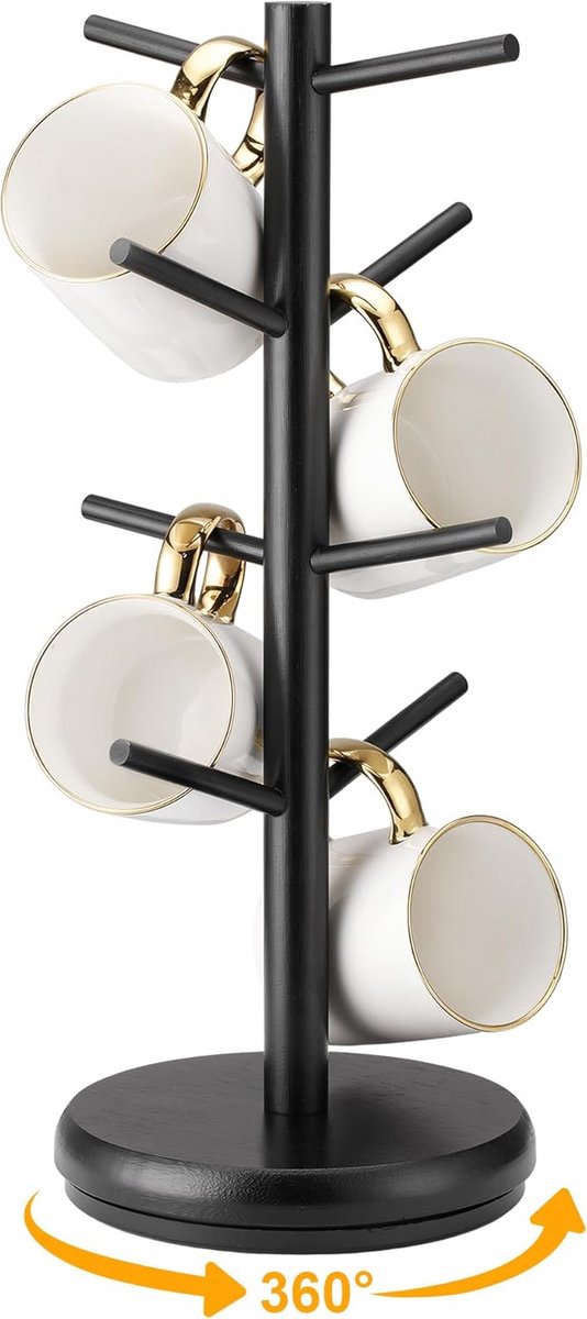 Koffiemokhouder met 8 Haken - 360° Gedraaide Houten Mok Organizer voor Koffiebar Accessoires