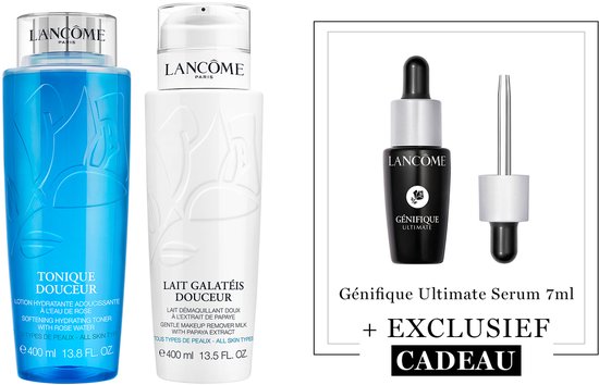 Lancôme set met blauwe toner (400ml), witte make-up remover (400ml) en Génifique serum (7ml).