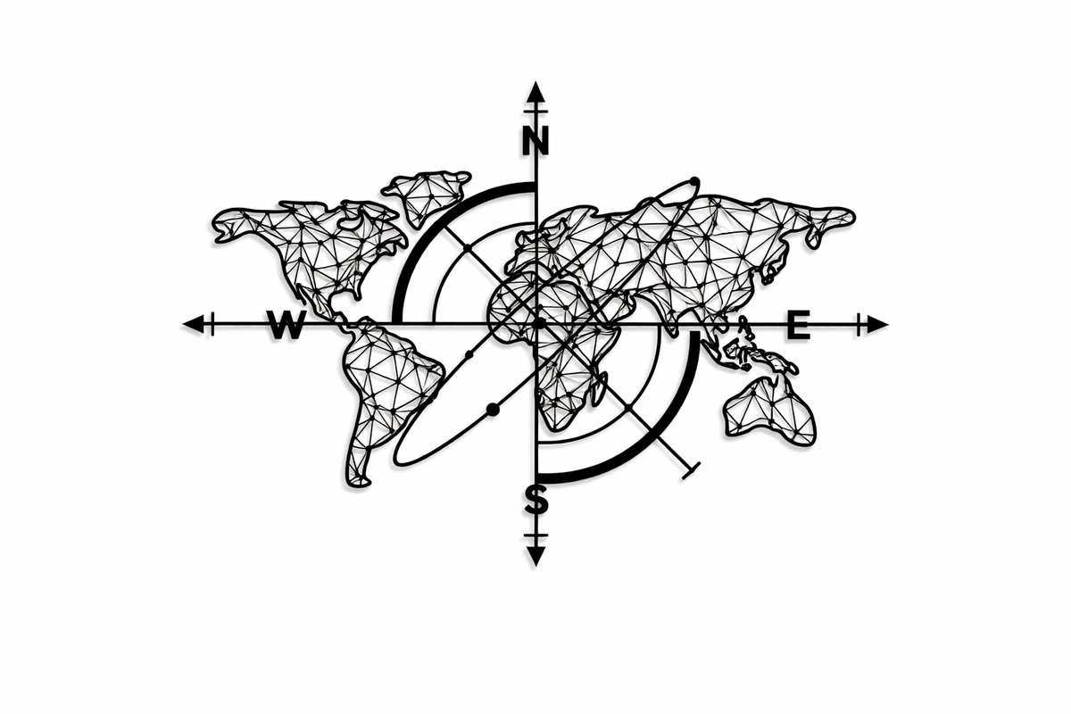 Metalen Wereldkaart Wanddecoratie – Kompas Design – 70 x 52 cm – Zwart