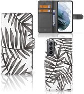 Coque avec Texte Samsung Galaxy S21 FE Wallet Book Case Feuilles Gris