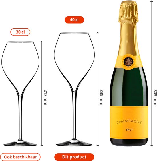 Twee champagneglazen, één met 30 cl en 217 mm hoogte, de andere met 40 cl en 235 mm hoogte. Naast een fles champagne van 305 mm.