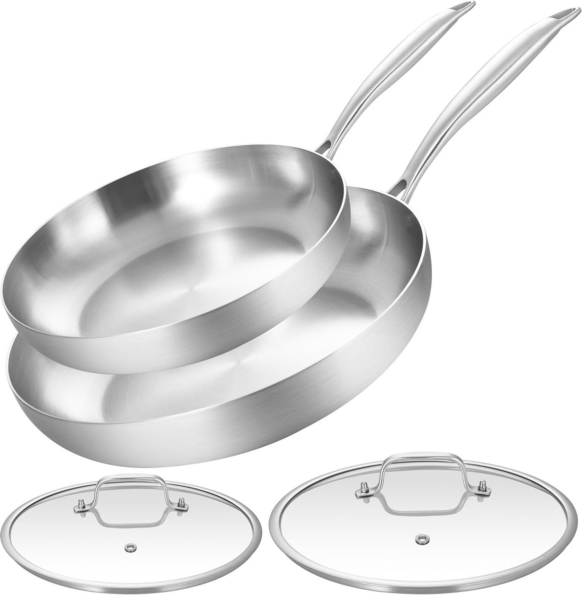 10-12 Inch Tri-ply RVS Koekenpan Set met Deksels - Inductie Kookgerei en Vaatwasser Veilige Koekenpannen