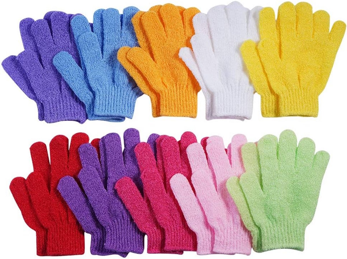 Exfoliërende badhandschoenen - 10 paar, 100% nylon, dubbelzijdig, 10 kleuren
