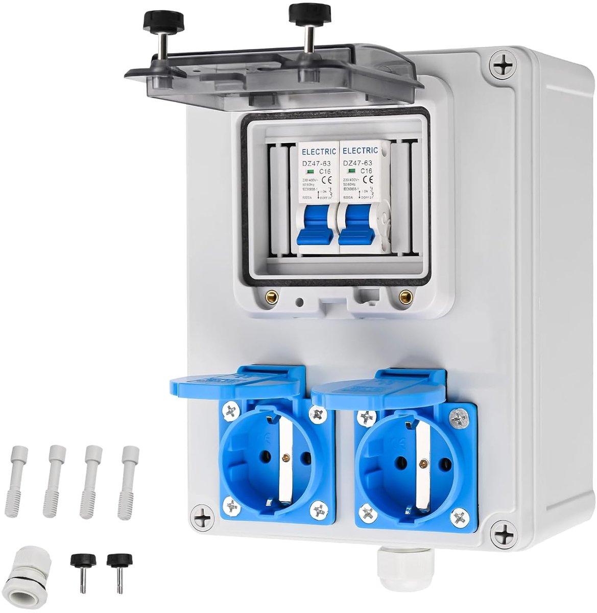 Bouwstroomverdeler met IP44, 2x Stroomonderbreker en 2x Schuko-stopcontact - 16 A, 230 V voor Binnen en Buiten