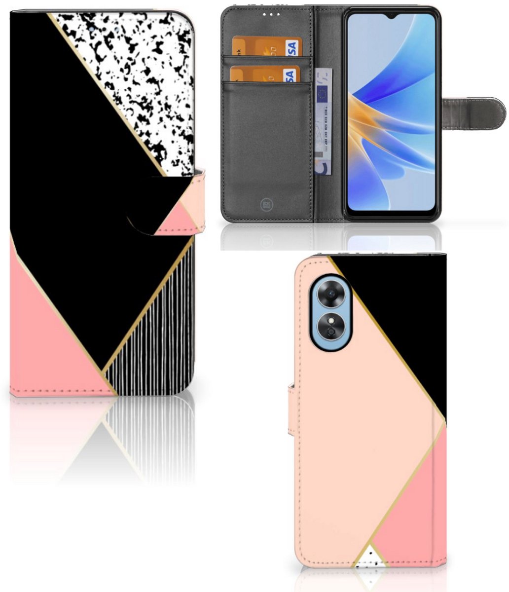 Boekhoesje voor OPPO A17 Book Case Zwart Roze Vormen