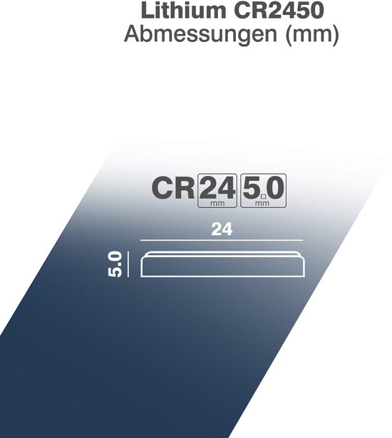 Afmetingen van de Camelion CR2450 lithium batterij: 24mm breed, 5.0mm dik.