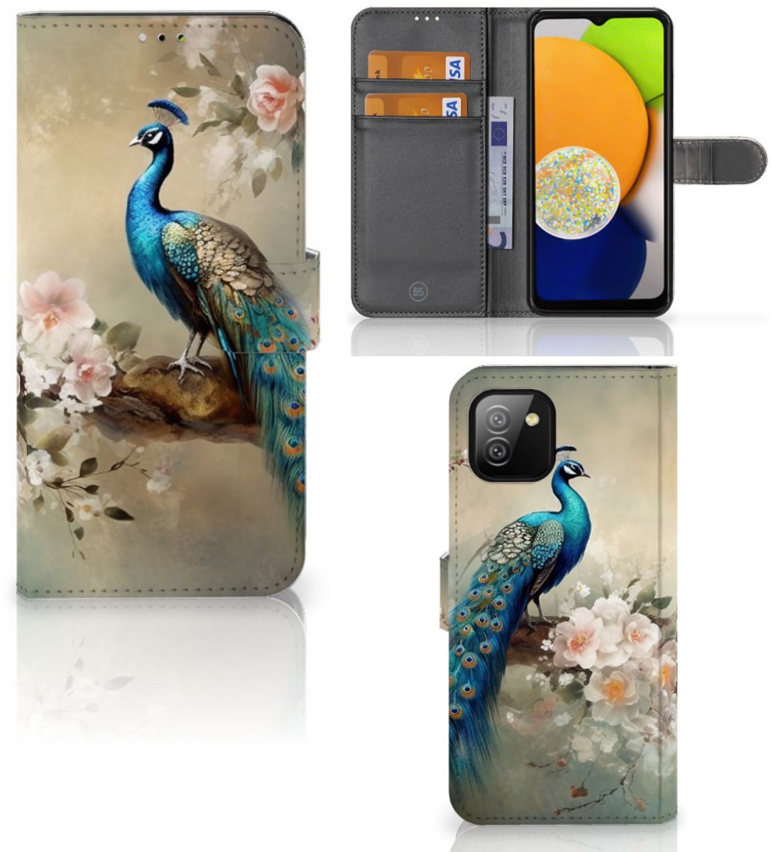 Telefoonhoesje met Pasjes voor Samsung Galaxy A03 Vintage Pauwen