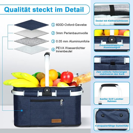 Koeltas, boodschappenmand, picknickmand, grote geïsoleerde koelmand, lunchtas, thermotas voor kantoor, camping, picknick, reizen, zijkant, met steunstang (patentbescherming) van KOEL — afbeelding 2