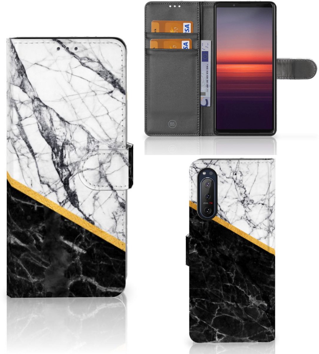 Sony Xperia 5II Bookcase Marmer Wit Zwart - Origineel Cadeau Man