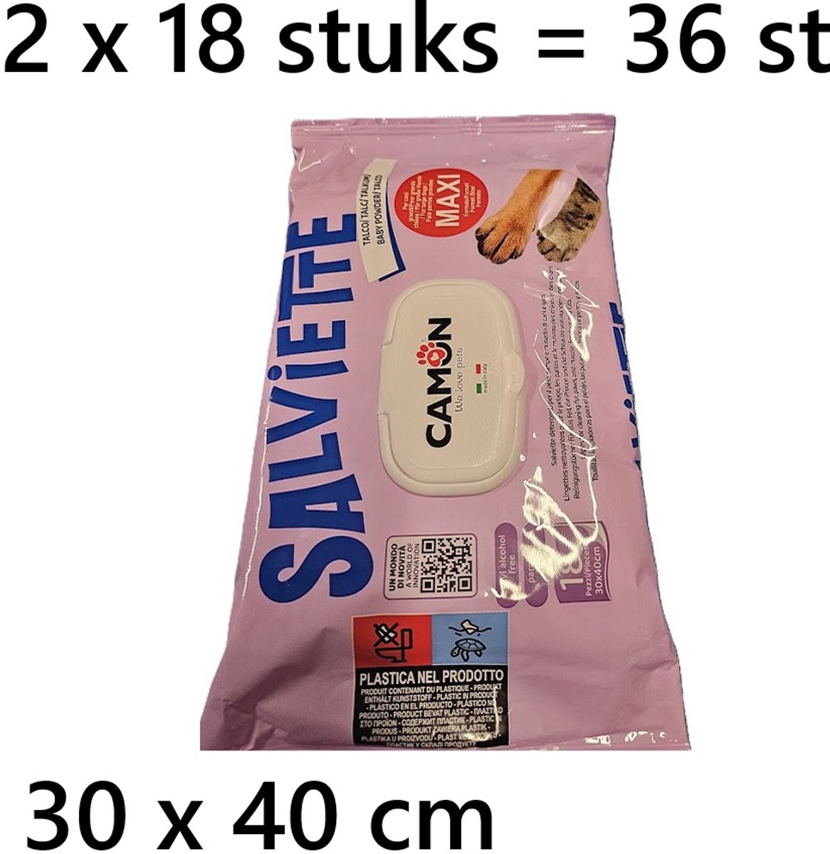 Camon vochtige doekjes - voor honden,katten en.. - maxi -30 x 40 cm - 18 stuks ** 2 X ** = 36 stuks - babypowder - talk - aangename geur - parabenenvrij - ethylalcohol vrij