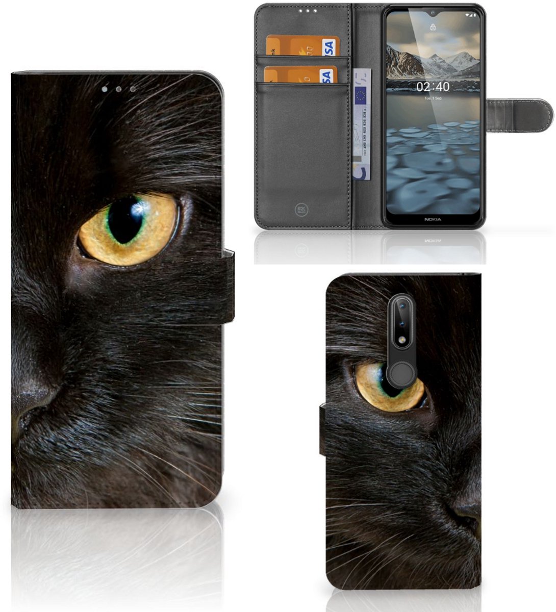 Nokia 2.4 Telefoonhoesje met Pasjes Zwarte Kat