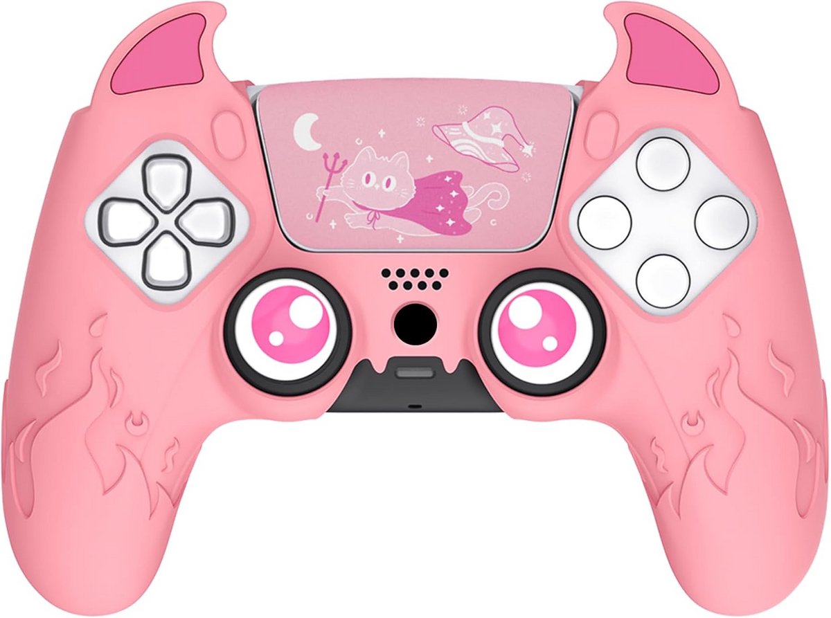 Siliconen Case voor PS5 Controller met Duim Grip Caps & Touch Pad Sticker - Antislip Beschermhoes in Schattige Demon Stijl