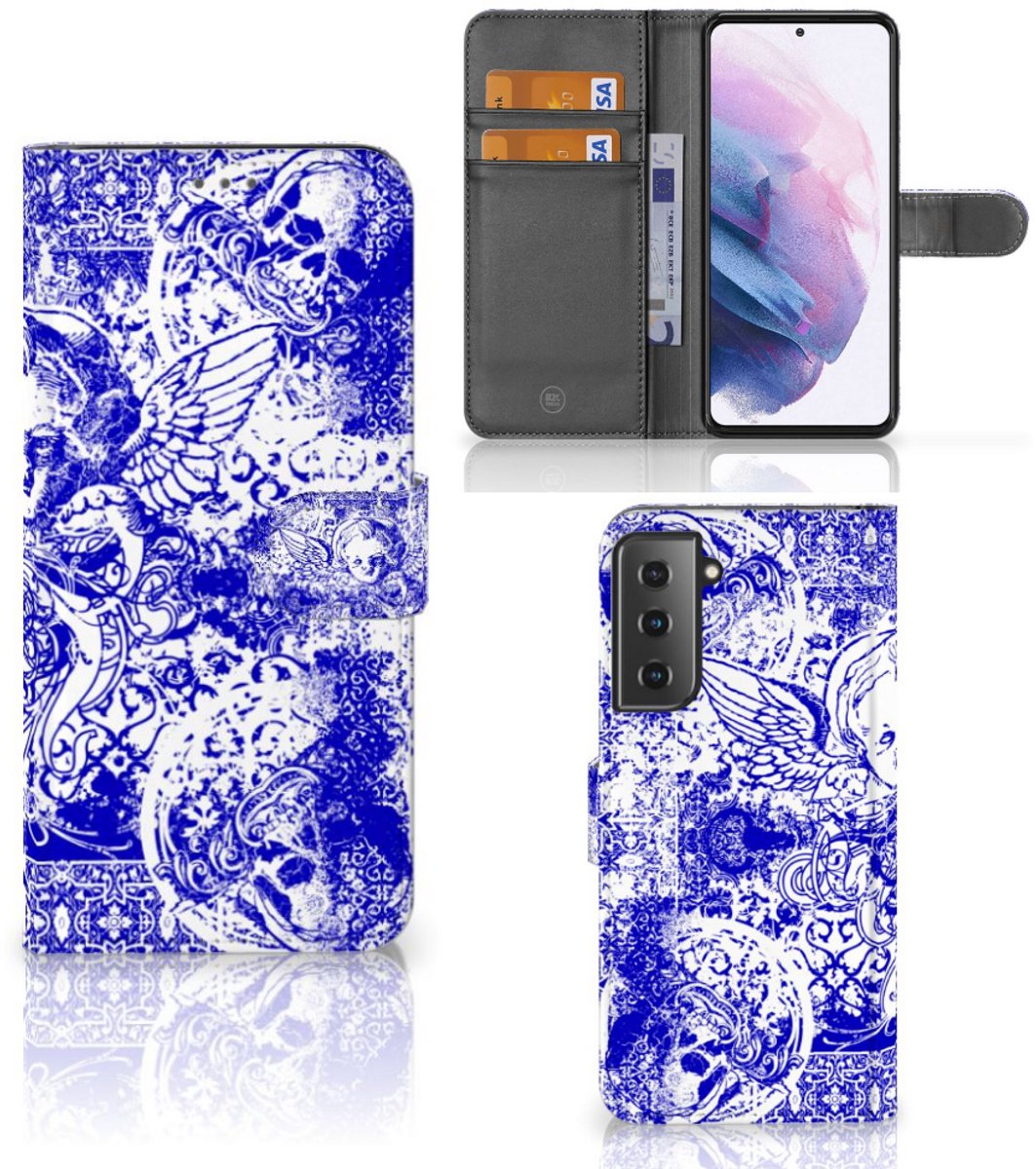 Telefoonhoesje met Naam Samsung Galaxy S21 Plus Angel Skull Blauw