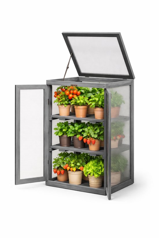 HOB Luxe Kweekkas - Broeikas - Tuinkas - Balkon, tuin of binnen - 3 Laags - Hout - Waterdicht - 58X44X78 cm - Donkergrijs