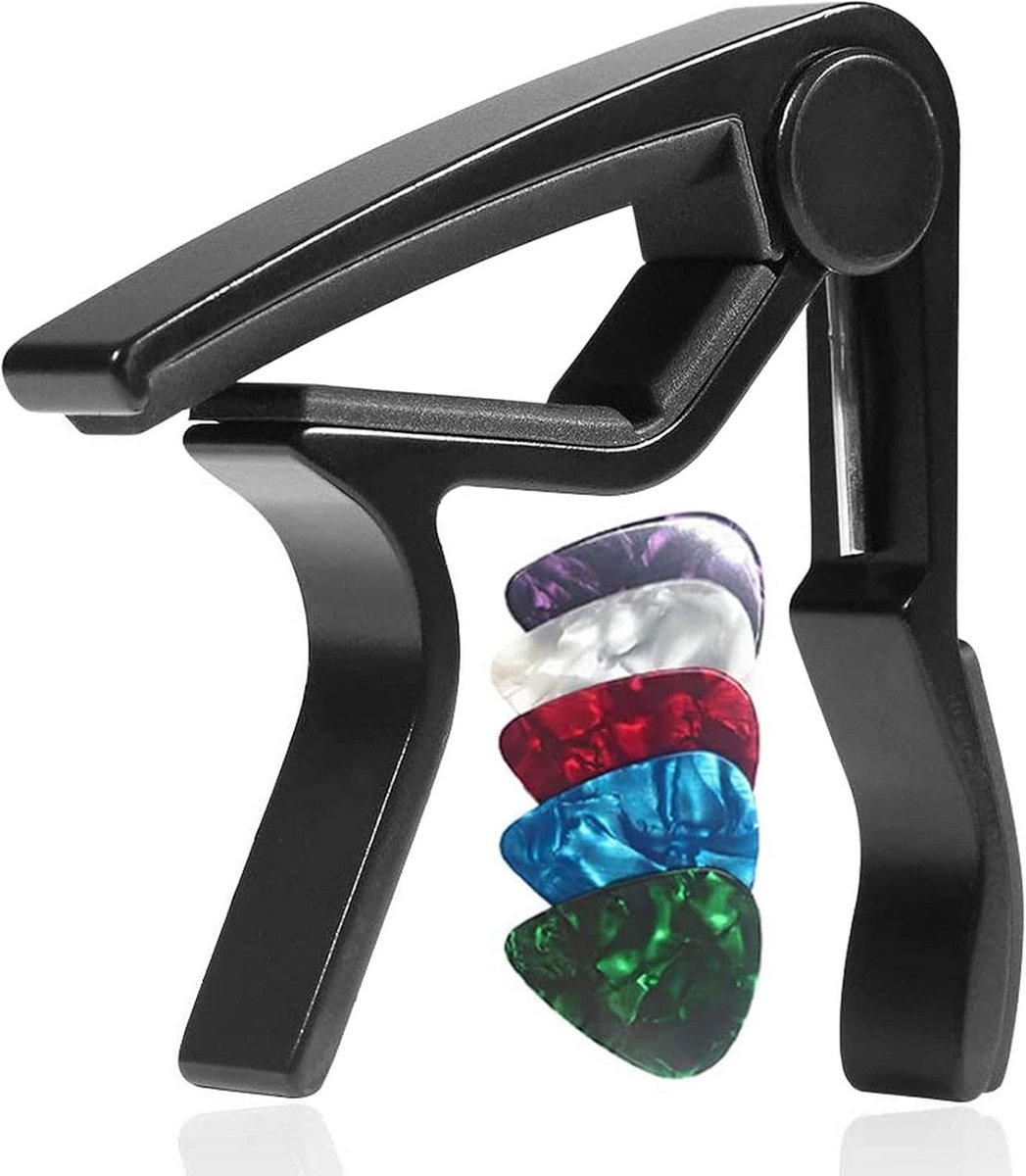Gitaar Capo voor Akoestische en Elektrische Gitaren met 5 Plectrums - Zwart