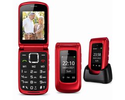 4G Senioren GSM Klaptelefoon + Extra Accu Geleverd + Oplaadstation - Dual Sim - Dual Scherm - Big Button Mobiele Telefoon - Grote Toetsen & Cijfers - SOS Knop - Mobiel - Ouderen - Rood