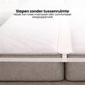 Twee matrassen met een witte matraswig ertussen. De banden lopen onder de matrassen door en zijn verbonden met een gesp.