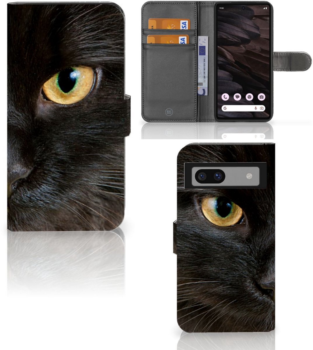 Google Pixel 7A Telefoonhoesje met Pasjes Zwarte Kat