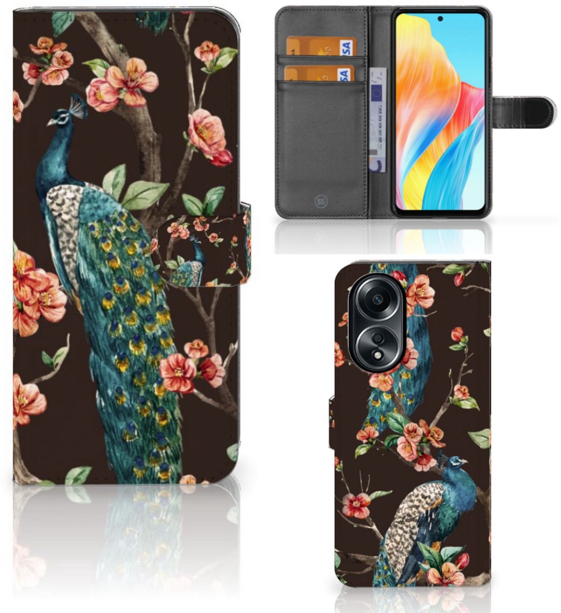 OPPO A58 4G Telefoonhoesje met Pasjes Pauw met Bloemen