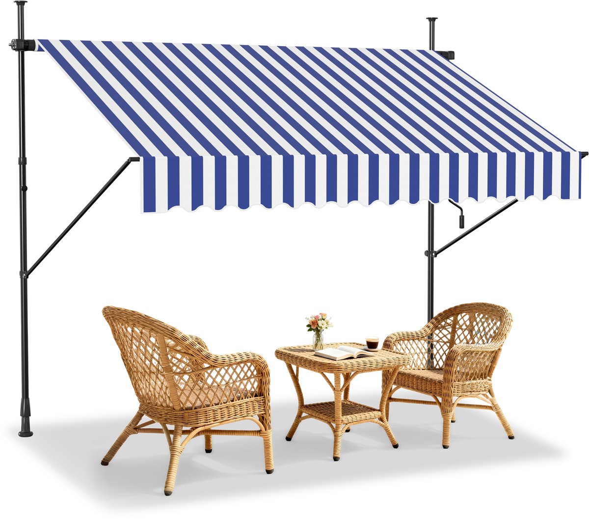 Breedte Zonwering Uitklapbare Klemmluifel 200cm Balkon Luifel Hoogteverstelbaar Met Handkraan UV-Bestendig & Weerbestendig Zonweringrolluik Zonder Boren Voor Buiten Terras (Blauwwit) NAIZY
