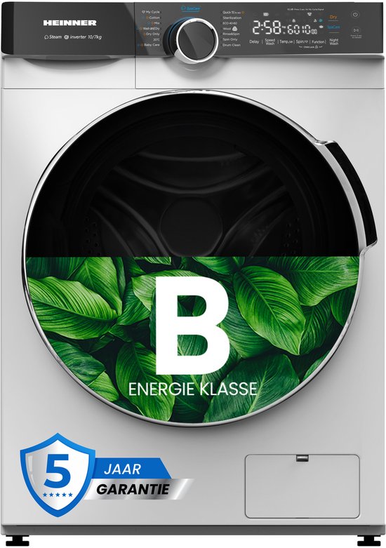 Heinner HWDM-M1014IVKB Was-droogcombinatie - 10 kg Wassen / 7 kg Drogen - 1500 tpm - Energieklasse B - Inverter Motor - 1-Uurs Wassen & Drogen - Kreukbescherming - 5 Jaar Garantie - Wit