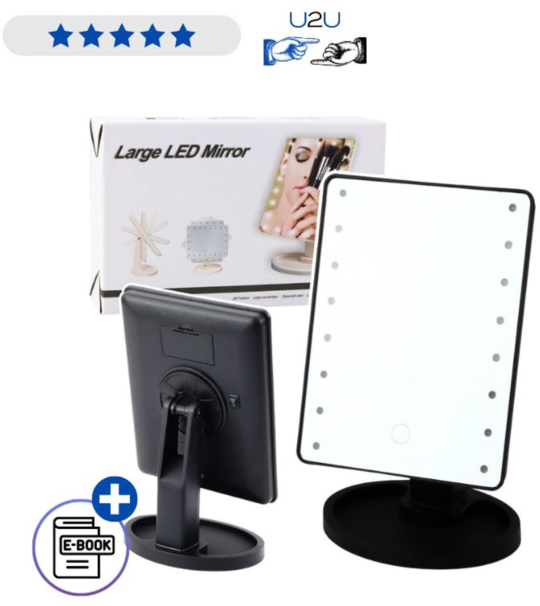 Cosmetische spiegel LED met 16 lampjes en standaard, verstelbaar 360°, touch-bediening, energiezuinig, zwart, make-up spiegel met organizer voor badkamer en kaptafel Met Ebook