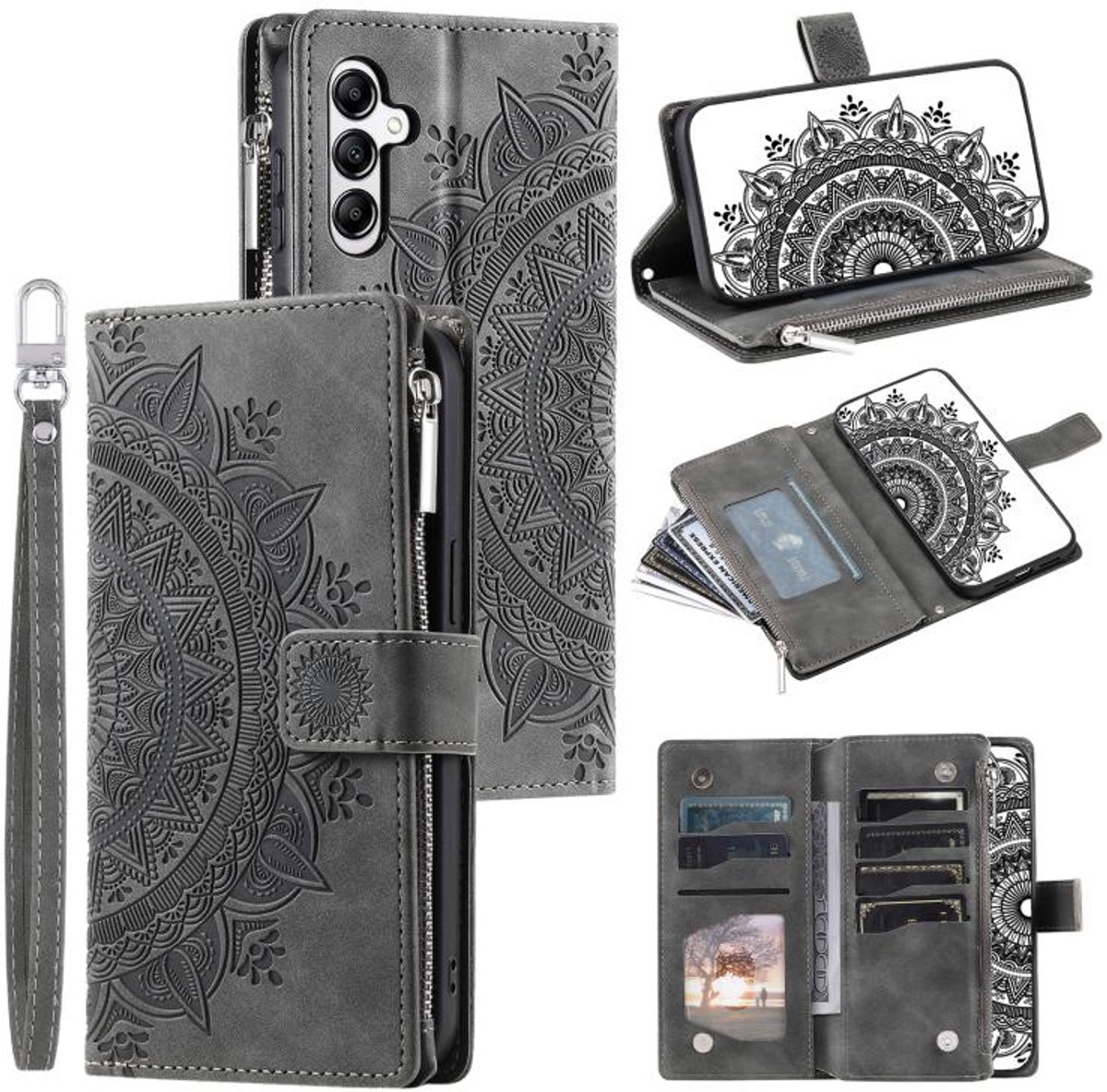 Telefoonhoesje geschikt voor Samsung Galaxy S26+ 5G / S26 Plus - Portemonnee met rits - book-case hoesje - ruimte voor 8 pasjes - mandala grijs